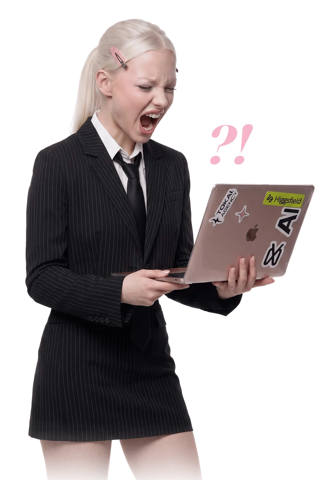 Elena looking frustrated at her laptop